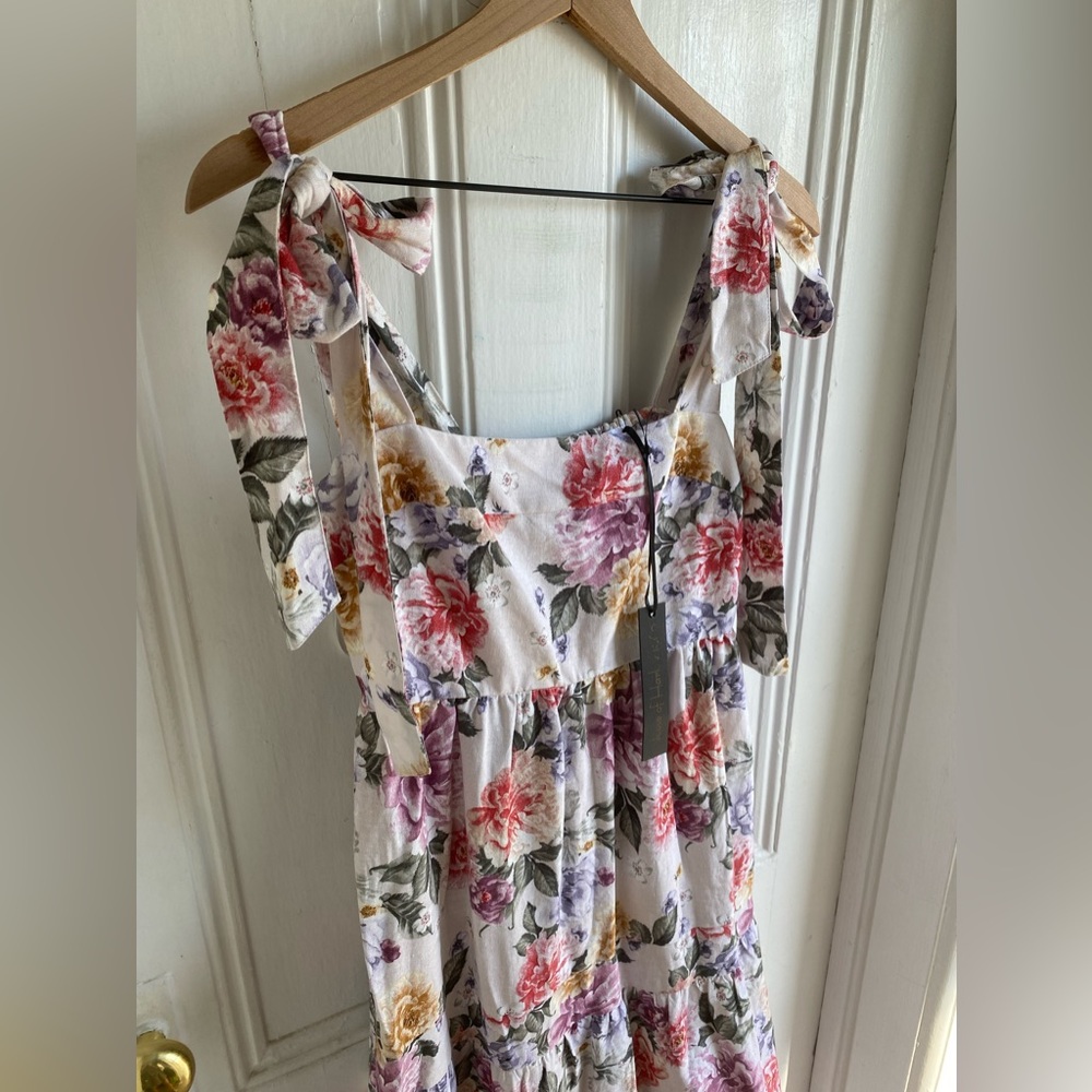 House of Harlow 1960 Dress Floral Linen Tier Bow Tie Shoulders Sz M - Picture 9 of 16